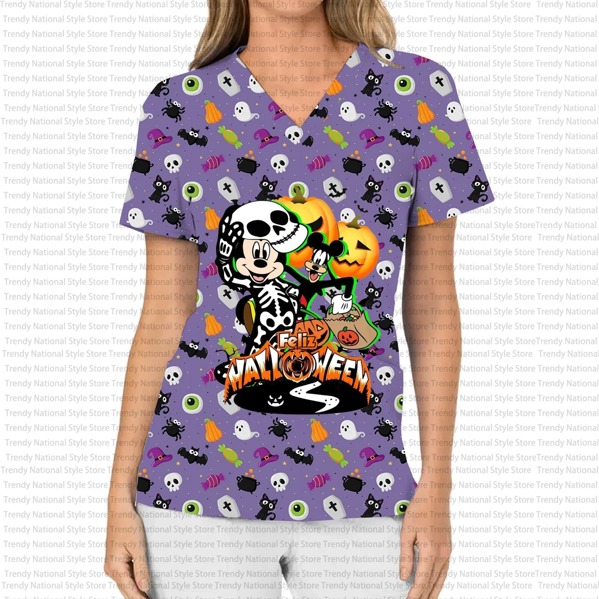 ديزني ميكي وميني هالوين المرأة العمل موحدة طباعة الخامس الرقبة جيب فرك العلوي الأسنان الحيوانات الأليفة متجر صالون تجميل تي شيرت