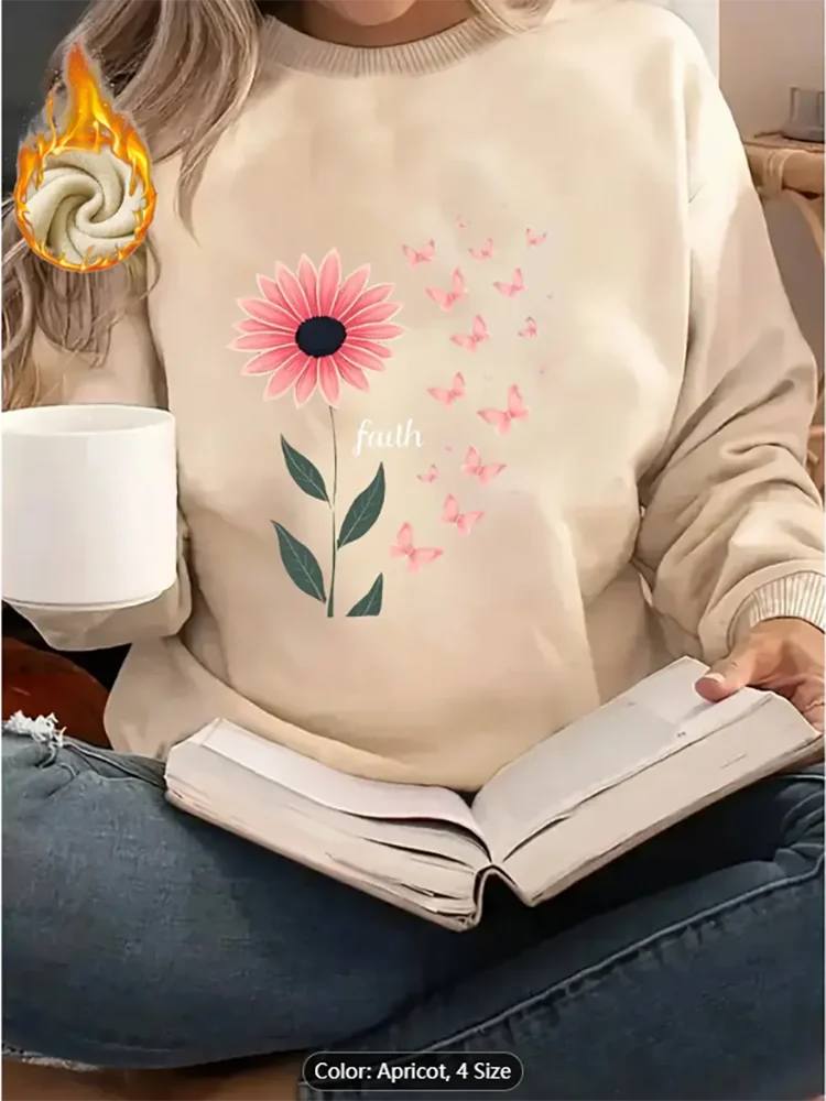 เสื้อสเวตเตอร์สีดำสตรี Faith Flower Butterfly Graphic Print Fleece Lined Casual Oversized Pullover Top Comfortable Pure Cotton