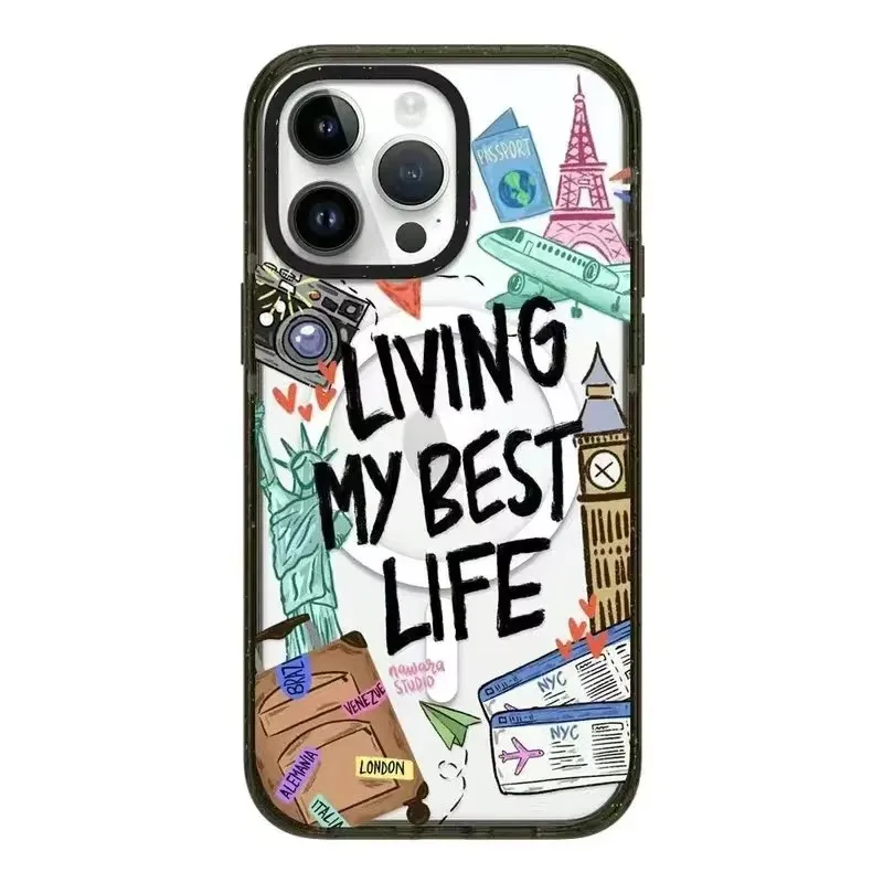 

2.0 Acrylic Black Border Living My Best Life Phone Case Cover for IPhone 11 12 13 14 15 16 Pro Max Case