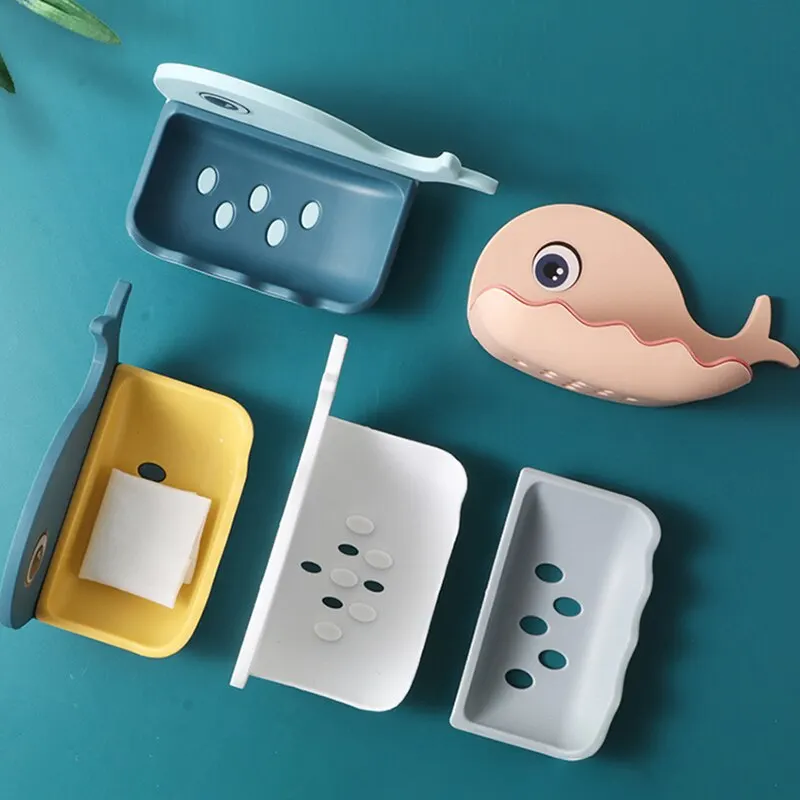 1PC Cartoon Whale Soap Box Cute Double Layer No Need To Punch Bathroom Toilet Shelf Household Wall Mounted Storage Drain Box