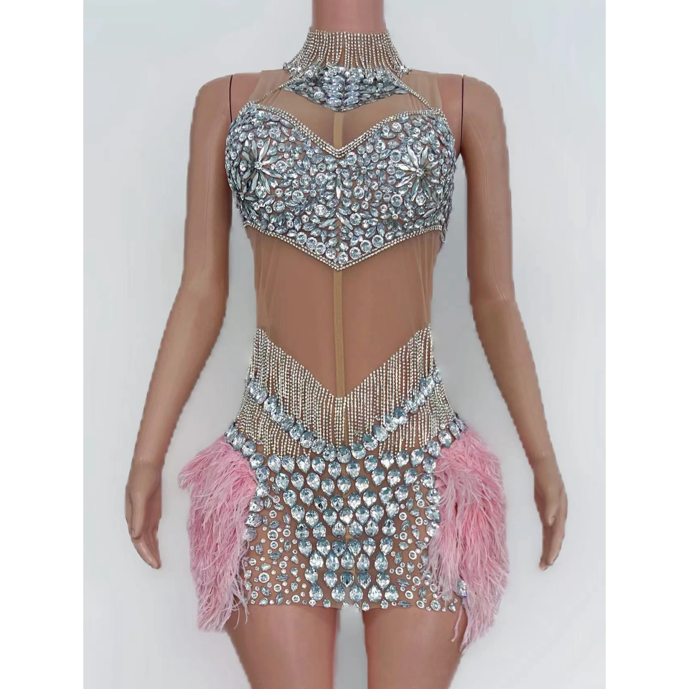 Strass malha sem mangas pena vestido de festa boate bar dj desempenho vestido trajes feminino gogo dançarino palco wear dn21992
