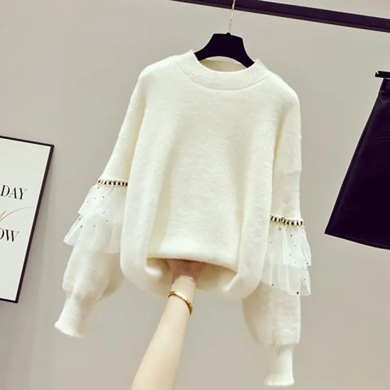 Fashion Diamonds Lace Lantern Sleeve Sweaters Female Clothing 2023 Autumn Winter New Loose Sweet Pullovers Casual Sweaters