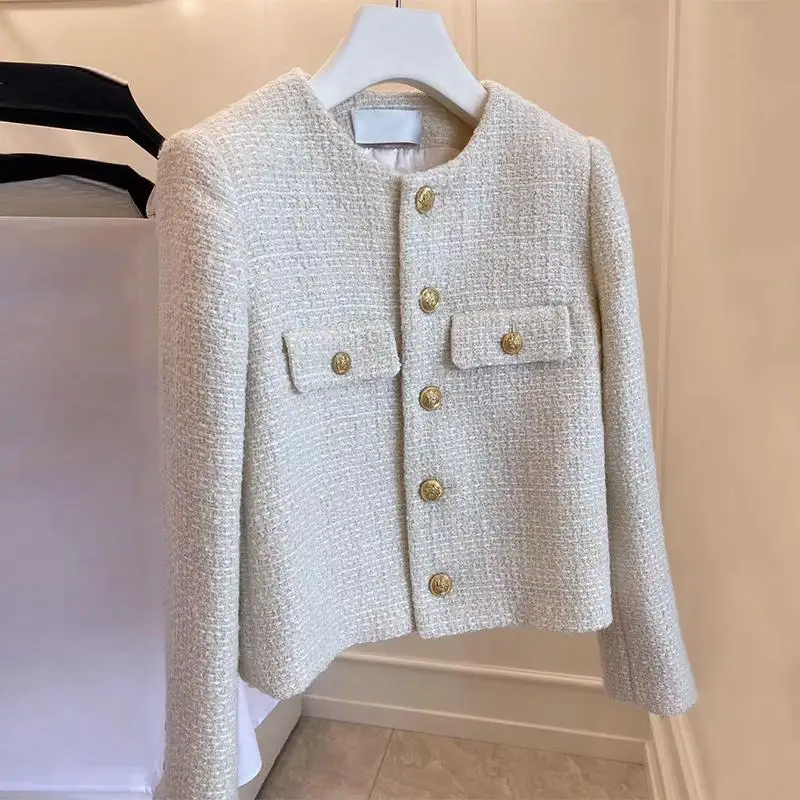 Spring and Autumn Korean Coats Women Jacket  French Wool Tweed Coat Fashion High-end Gold Button Short Slim Temperament Jackets