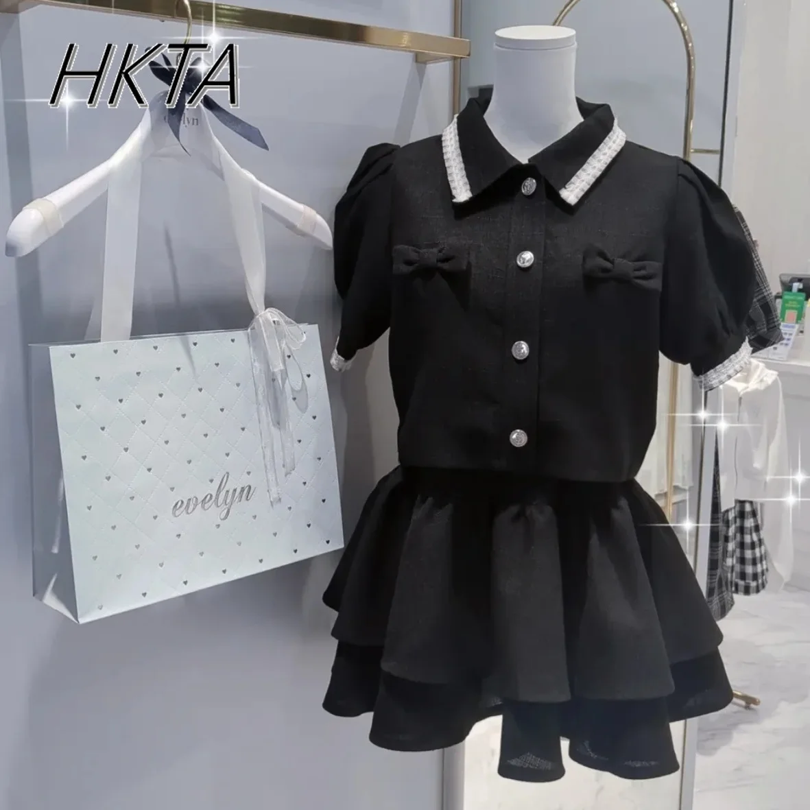 Japanese Mines Set Women Sweet Girl Cute Bow Bubble Short Sleeve Top Pleated Skirt Summer New College Style Skirt Womens Outifit