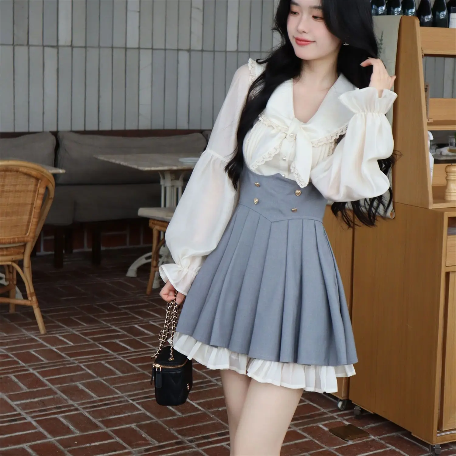 Fashion Long Sleeved Shirt Top Women\'s Versatile Korean Version Autumn Waist Cinching Slimming Suspender Skirt Set