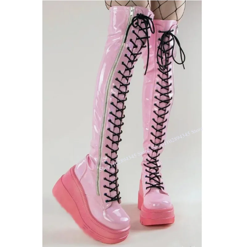 

Pink Western Boots Zipper Thick Heel Wedge Lace Up Round Toe Cool Knee High Waterproof Novel Style Woman Shoes Zapatillas Mujer