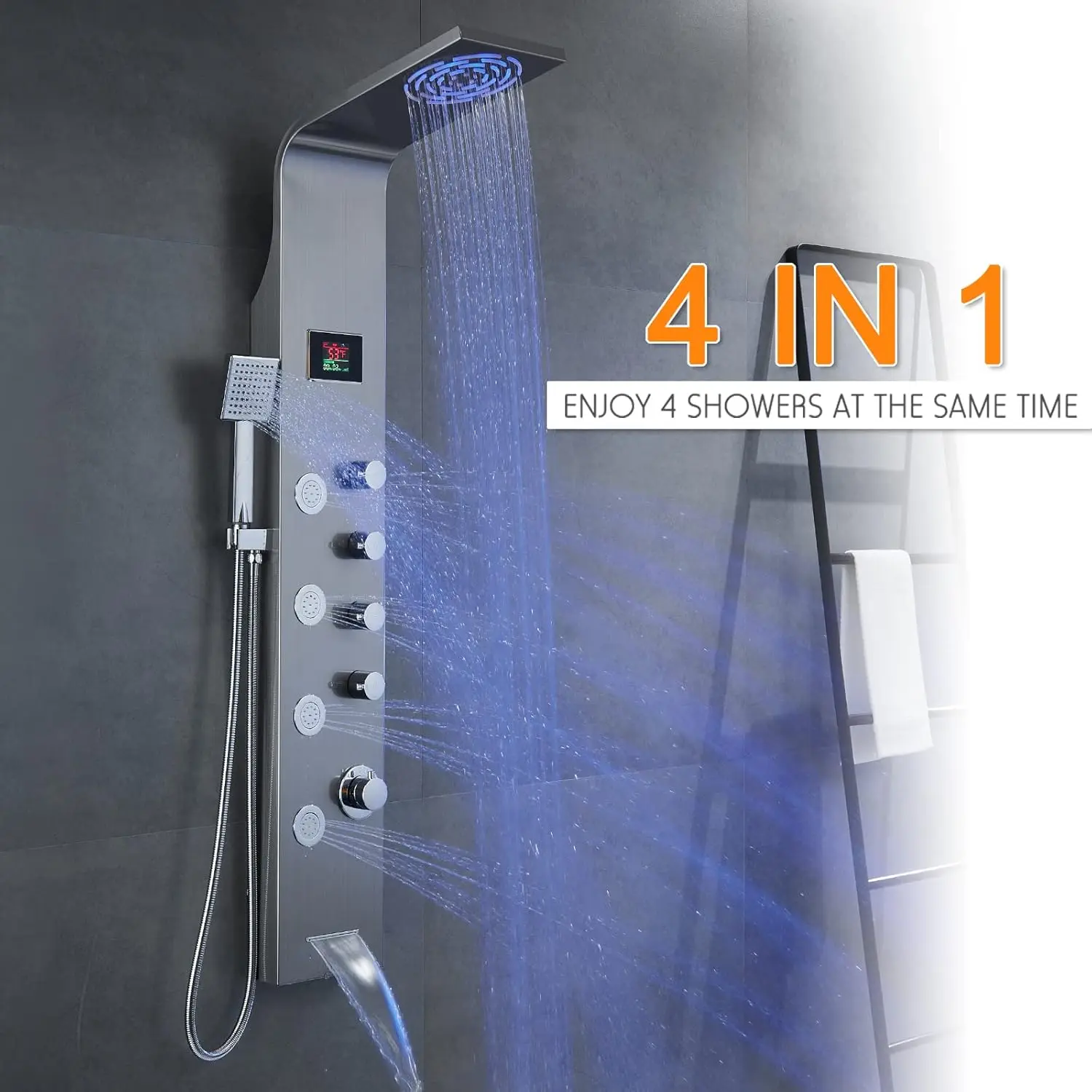 Rovate Modern Led Rainfall Waterfall Shower Panel Tower System, Multi-Function Stainless Steel Shower Tower Rain Massage System