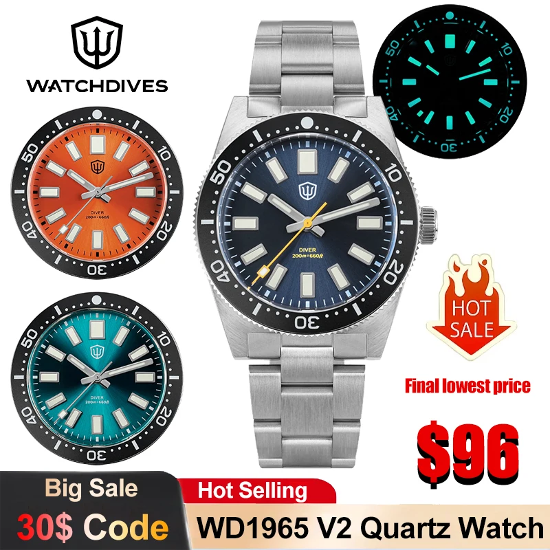 

Watchdives WD1965 V2 Quartz Watch VH31 Sweep Movement Domed Sapphire Crystal Luxury Watch 20Bar Luminous 38mm Men's Watches