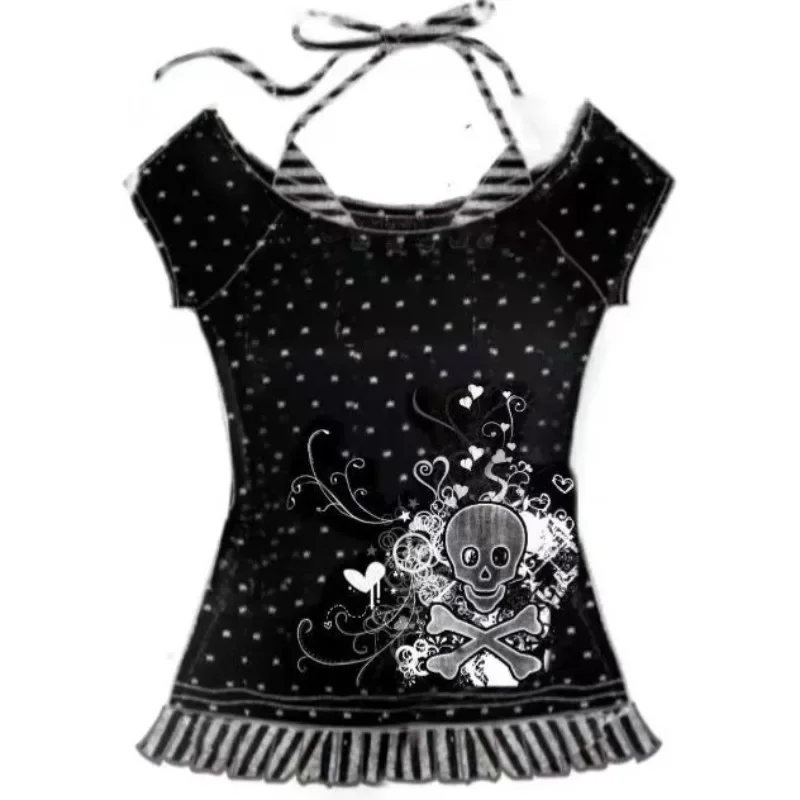 

Y2k Hottie Women's T-shirts American Retro Fake Two T Shirt Street Hip Hop Harajuku Skull Printed Tees Female Slim-fit Punk Tops