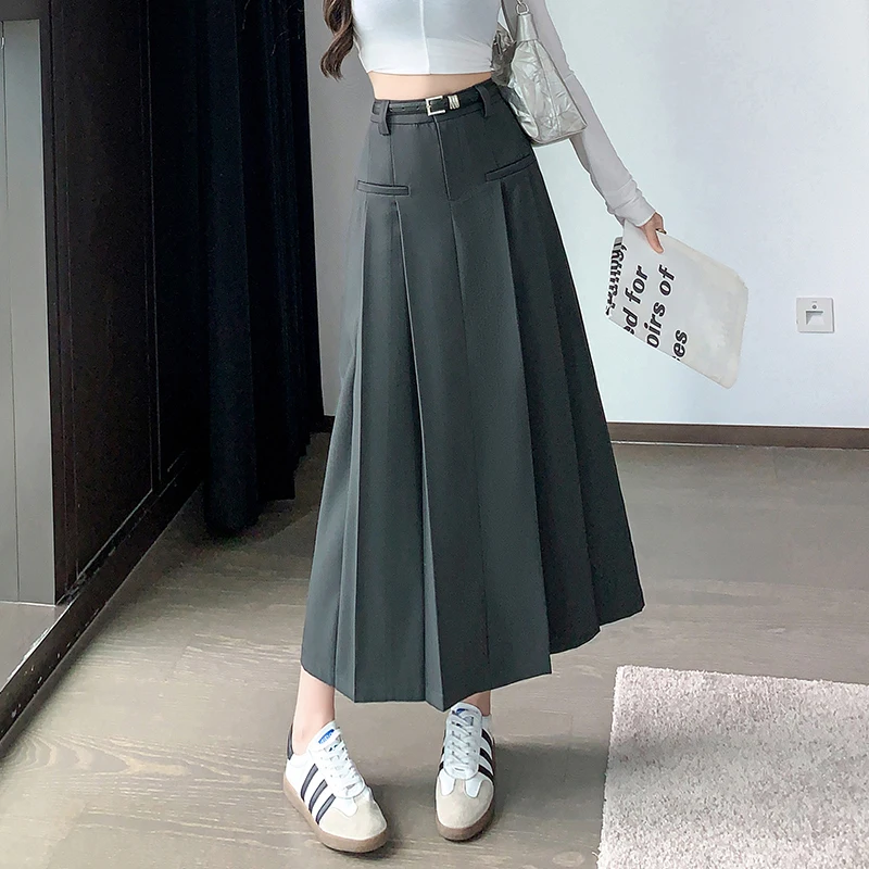 

2023 Autumn New High Waist Pleated Skirts Korean Women Elegant Gray Suit Long Skirt Ladies Fashion A-line Skirts With Belt