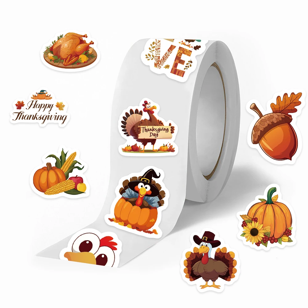 

500pcs Thanksgiving Day Roll Stickers Decals For Laptop Scrapbook Refrigerator Wall DIY Aesthetic Stickers Kids Creative Gifts