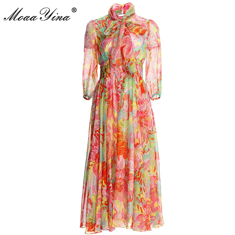 

MoaaYina Fashion Designer Summer Vacation Chiffon Dress Women's Bow Lantern sleeve flower print Elegant Long Dress