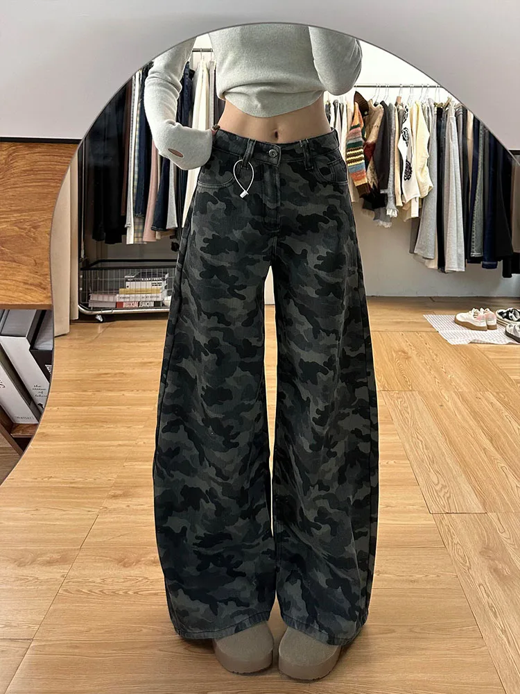 

American Retro High Street Camouflage Wide Leg Jeans Women's Spring Autumn New High Waist Loose Slim Straight Workwear Long T...