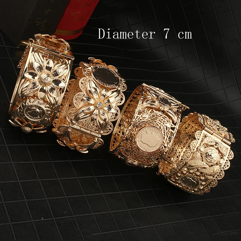 

New Arab Dubai Metal Flower Bracelet Ladies Wide Gold Plated Bracelet Algeria Bridal Jewelry Napoleon Coin Bracelet