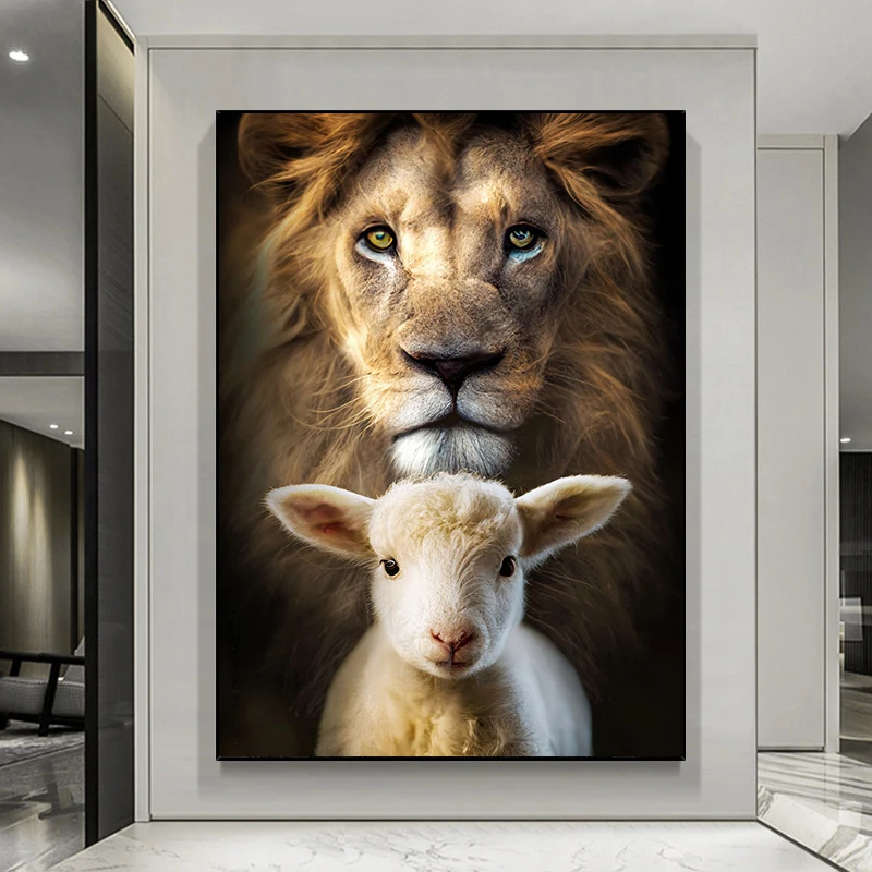 Vintage Lion and Lamb Stand Together Canvas Painting Wall Art Christian Jesus Posters and Prints for Porch Liiving Room Decor