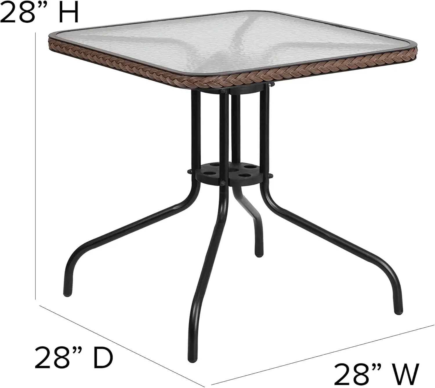 Mesa quadrada de metal de vidro de 28 '' com borda de vime marrom escuro e 4 cadeiras empilháveis de vime marrom escuro