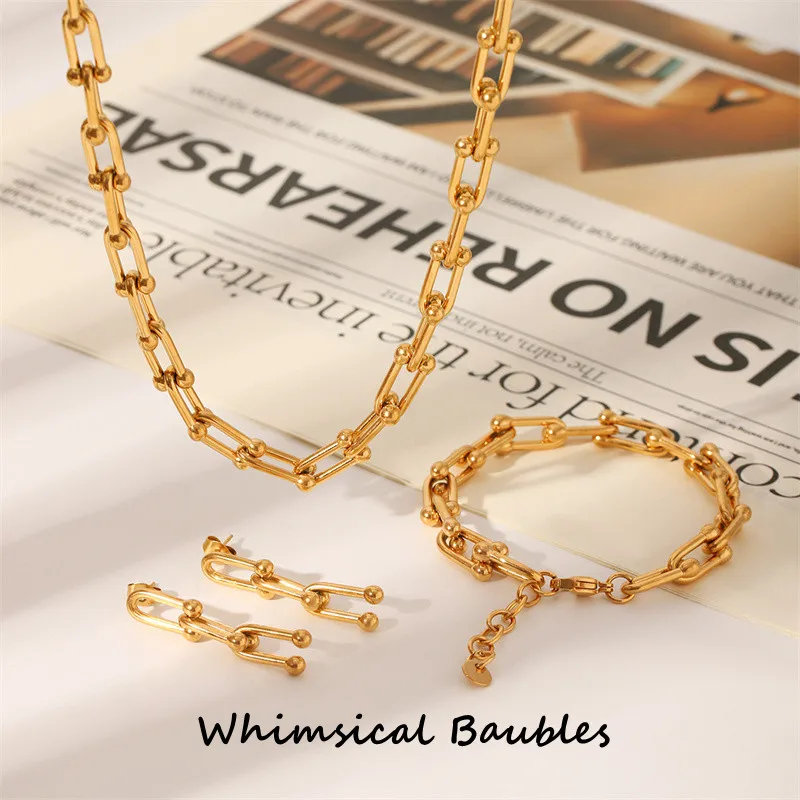 

Minimalist Titanium Steel 18k Gold Plated U Horseshoe-shaped Buckle Jewelry Three-piece Set Necklace Stud Earrings & Bracelet