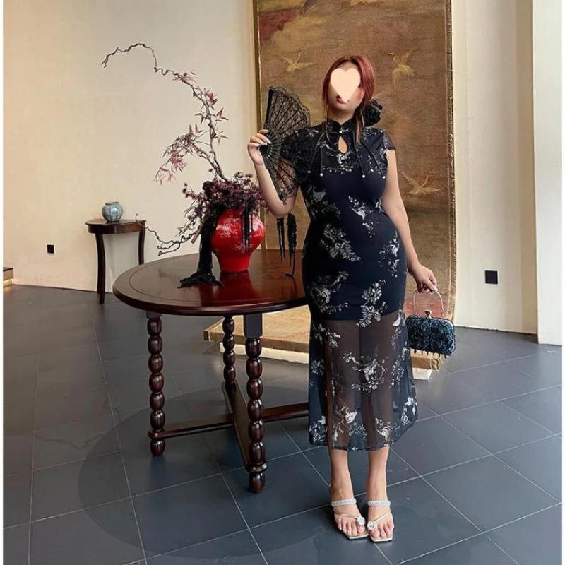 

50-150 кг плюс размер Cheongsam женское сетчатое лоскутное длинное платье традиционное китайское платье Ципао с высоким разрезом облегающее платье макси