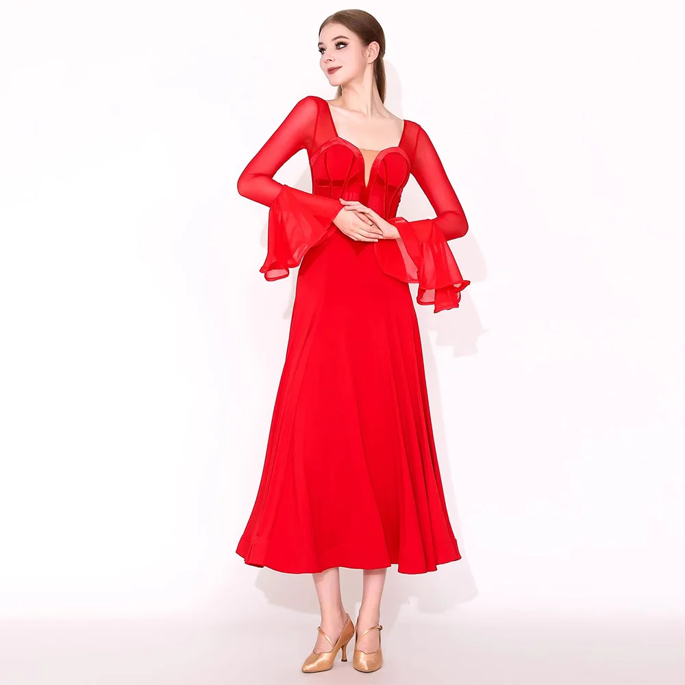 2025년 신상 우아한 볼룸 댄스 드레스 여성 공연 모던 댄스 연습 의상 긴 소매 탱고 왈츠 댄스복