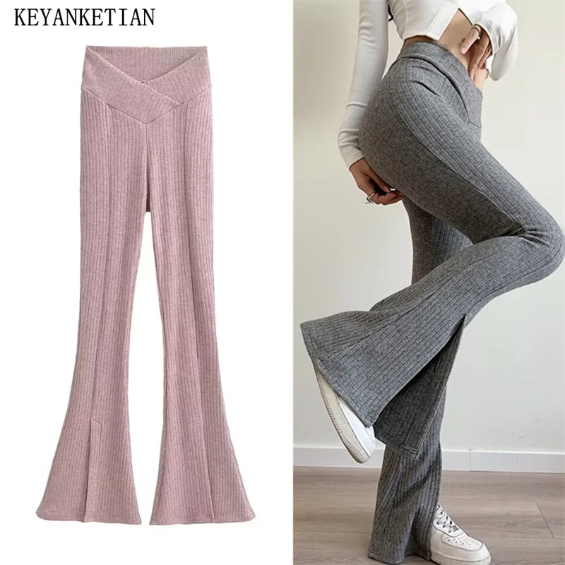 KEYANKETIAN Autumn New Women's Soft Knit Bell Bottoms Design Elastic V-Waist Front Split Flared Floor-Length Pants Trousers