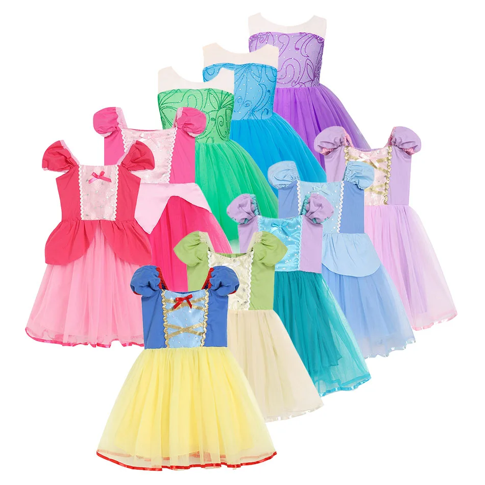 Vestido de princesa Blancanieves para niños de 3 a 8 años, vestido de sirena de pelo largo, vestido de princesa de rana pequeña