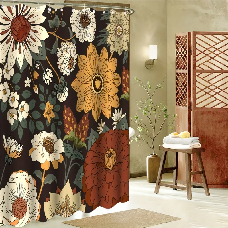 Black Realistic Floral , Vintage Bohemian Curtain Colorful Plant Flower Tropical Leaf Fabric Shower