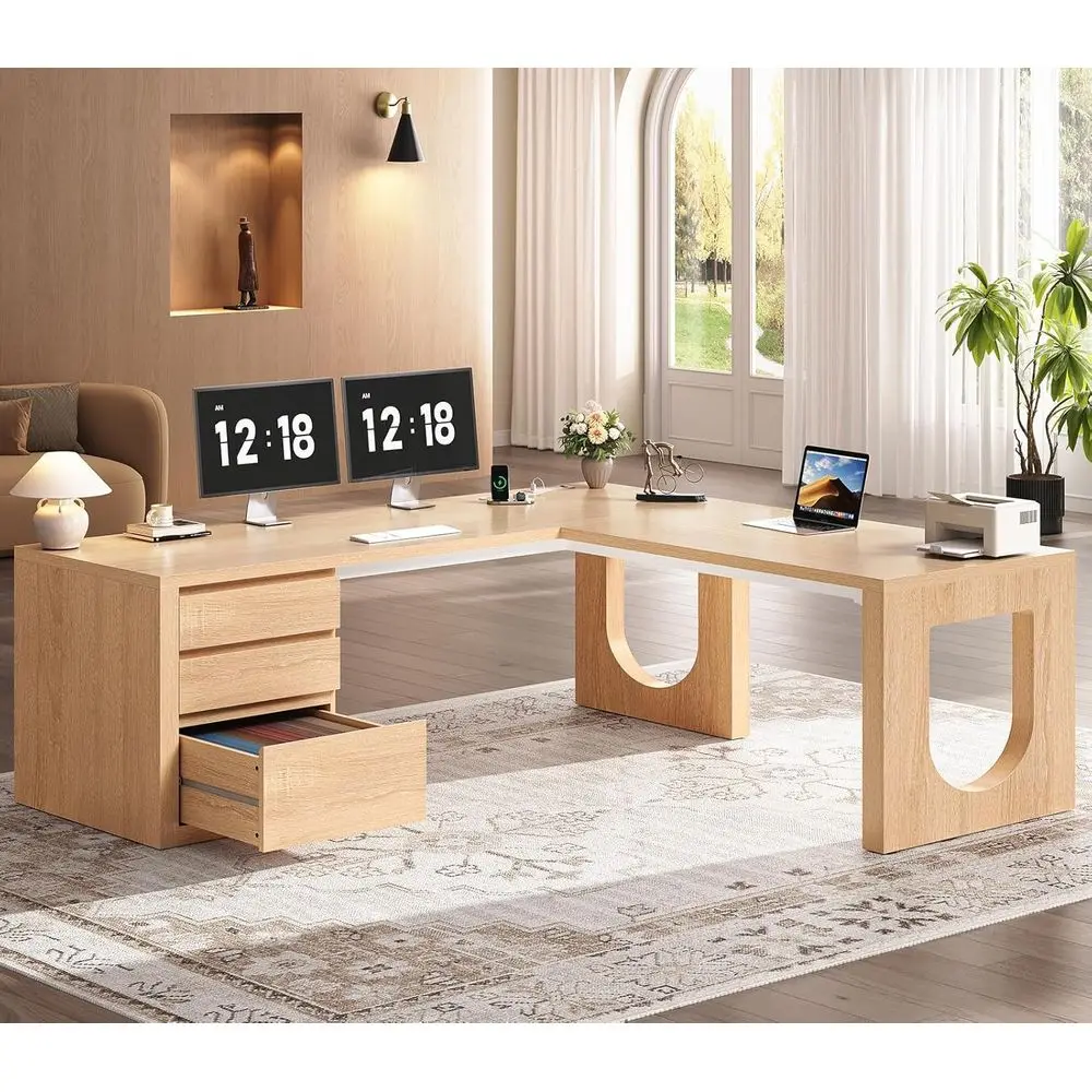 

L-Shaped Desk with 3 Drawers, Executive Office Desk with File Drawer, Wood Desk with Textured Finish, Home Office Desk with Powe