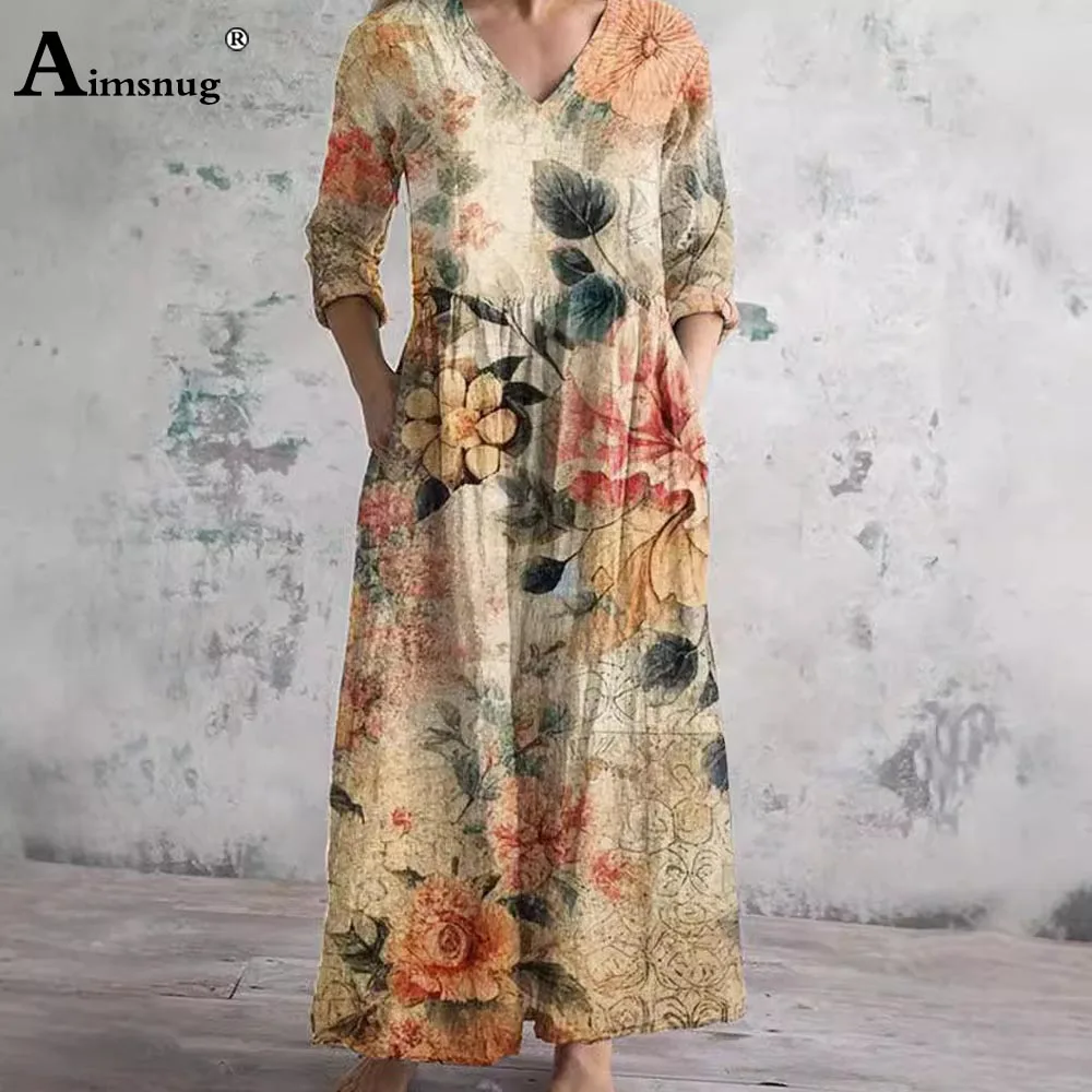 Aimsnug Plus Size Damen Casual Boho Blumendruck Langes Kleid 2025, europäische lange Ärmel, Maxikleider, sexy Damenkleid mit V-Ausschnitt, Neu