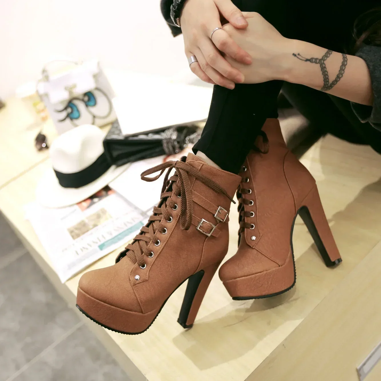 Autumn Women Shoes High Heel Platform Boots for Women Fashion Lace Up Heeled Women\'s Ankle Boots Dress Party Ladies Short Botas