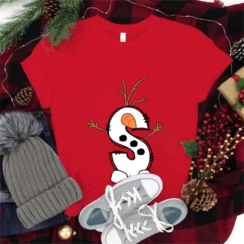 Funny Snowman Christmas Alphabet A-Z Print Women Red T Shirt Harajuku Fashion Crew Neck T-Shirt Cartoon Letter Streetwear Tshirt