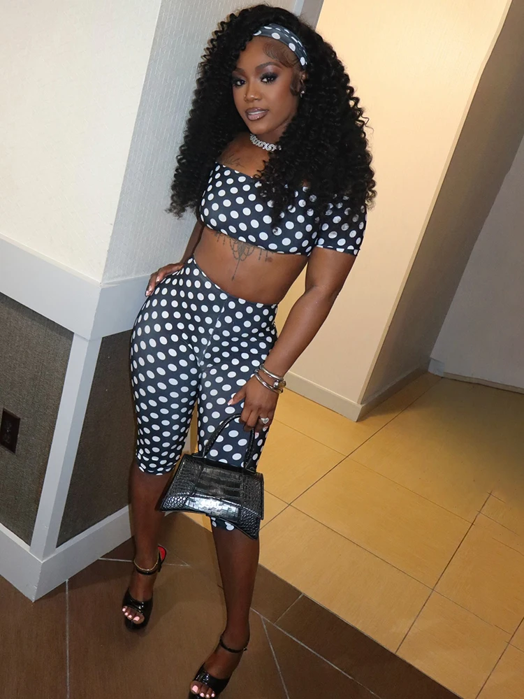 

Kliou Polka Dot Print 2 Piece Set Woman Slash Neck Backless Navel Exposed Top+Skinny Peach Hip Shorts Midnight Sexy Fashion Suit