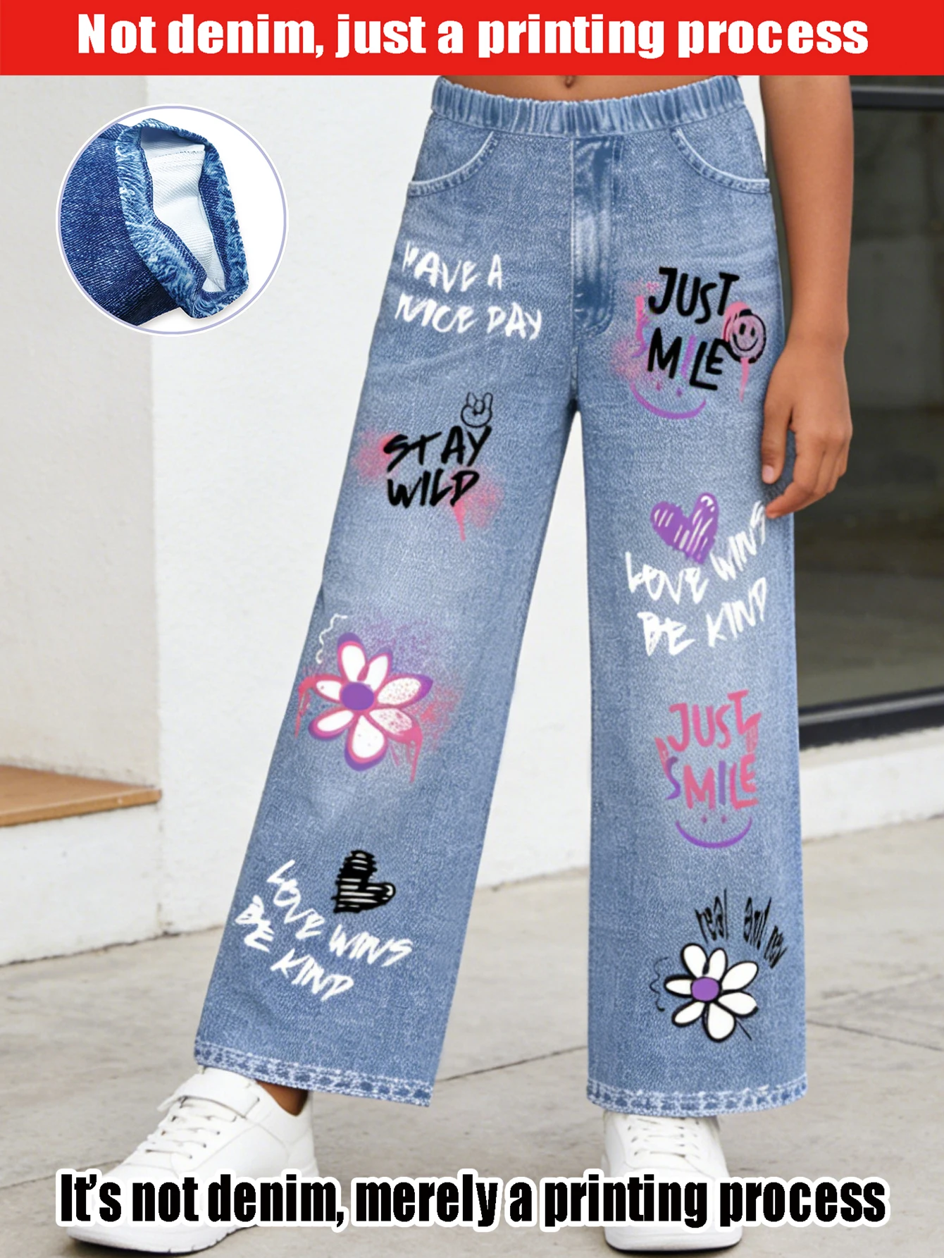 

2026 Children's English Slogan Graffiti Flower Light Blue Simulation Denim Straight Pants