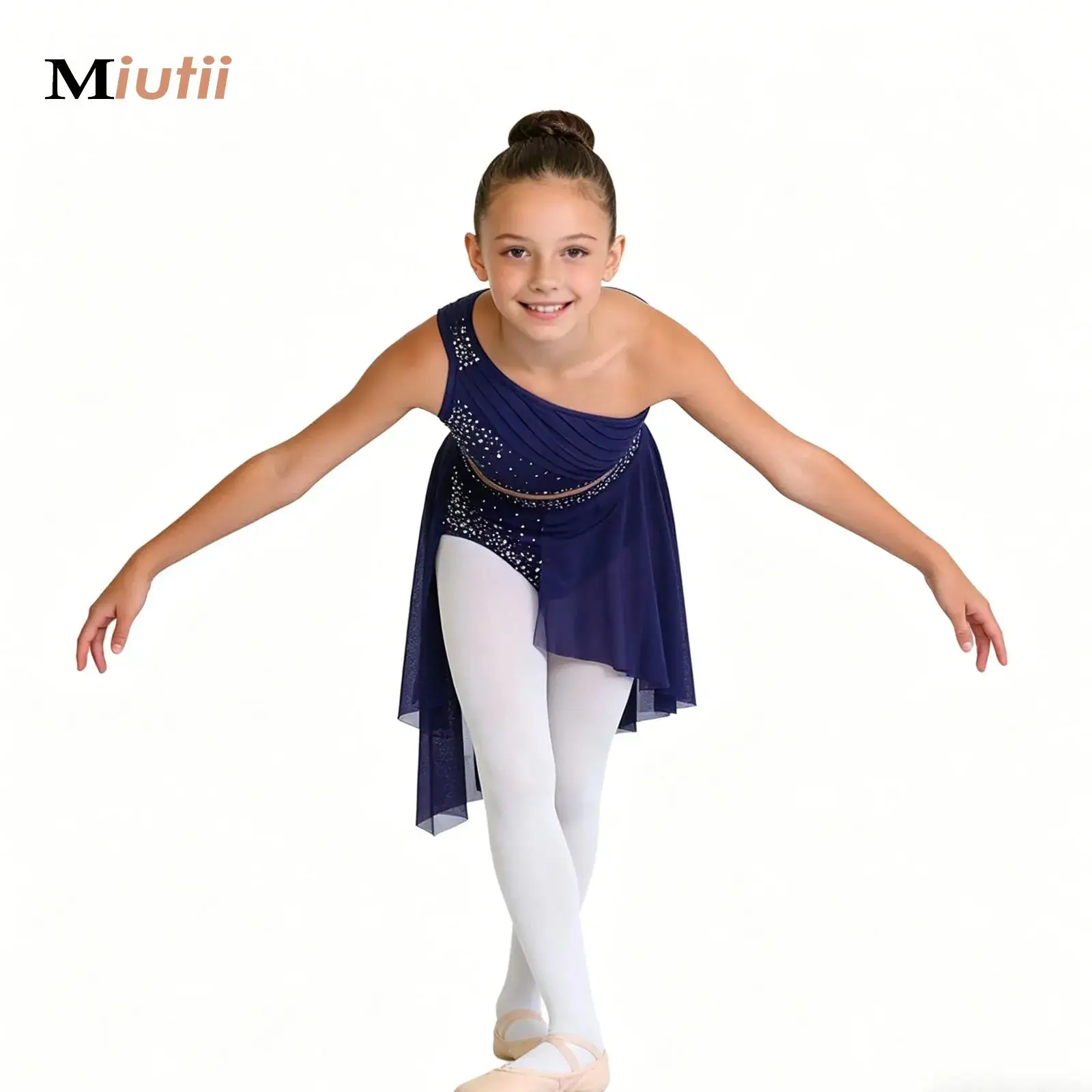 

Kids Girls Lyrical Dance Performance Outfit Shiny Rhinestone Ruched Sheer Mesh Overlay One Shoulder Crop Top with Skirted Briefs