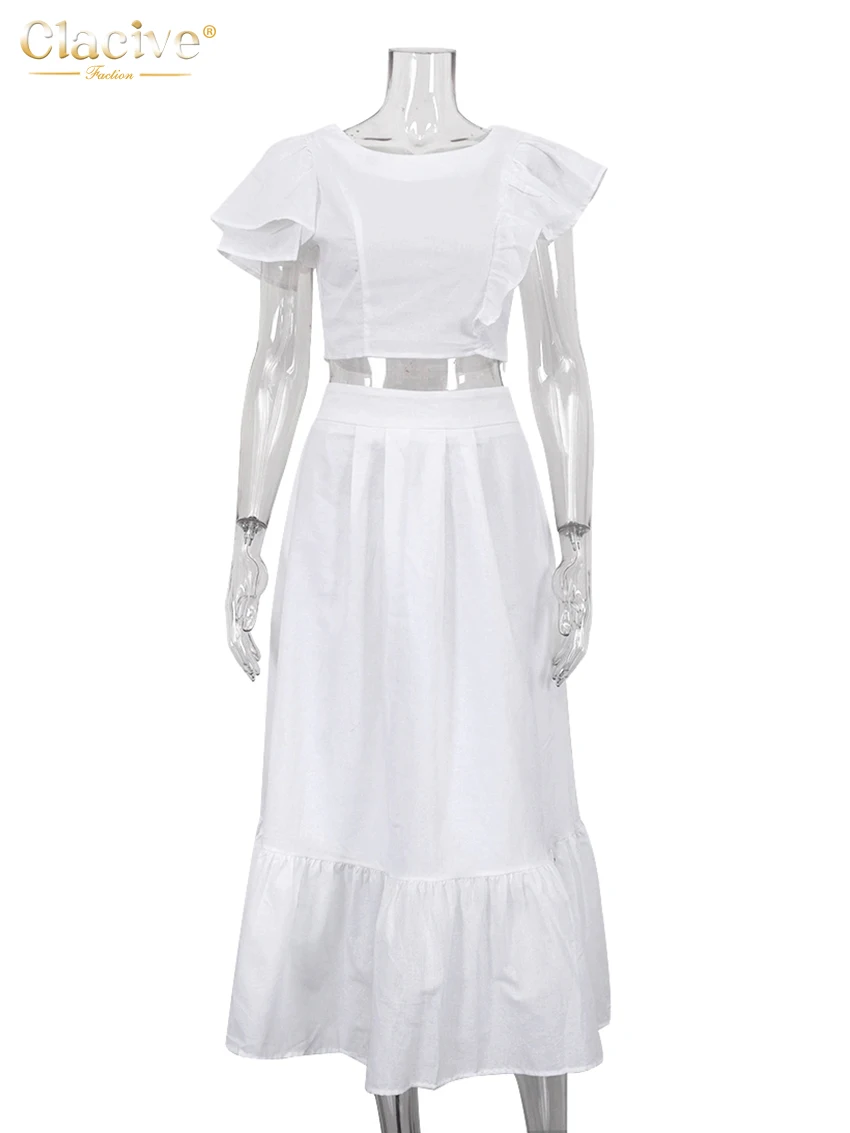 Clacive Summer White Linen 2 Piece Sets Women Outfit 2024 Fashion Short Sleeve Ruffle Crop Top With High Waist Long Skirts Set