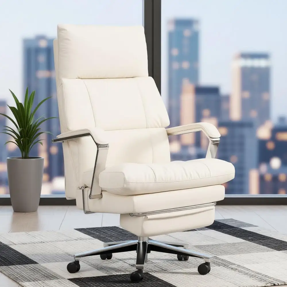 

Большое кожаное офисное кресло с высокой спинкой и подставкой для ног, широкое сиденье 25,6, регулируемая глубина, опоры до 400 фунтов, кремовый