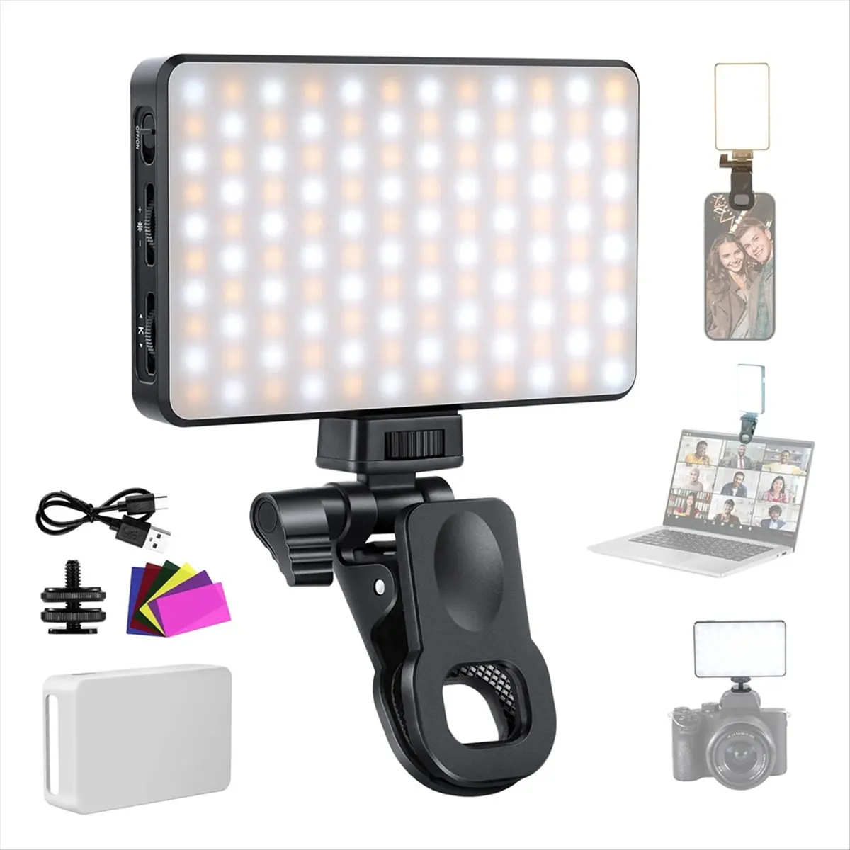 Top LED Selfie Phone Light, Rechargeable 2500-9000K Clip on Fill Light,Color Films/Diffuser/3000mAh for IPhone Camera
