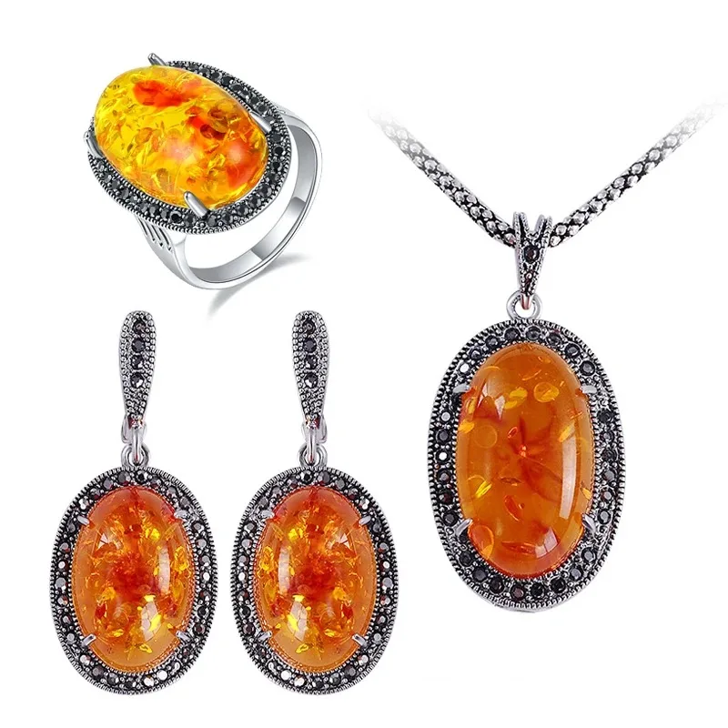 Ajojewel Black CZ Women\'s Jewelry Sets High Quality Oval Simulated-amber Orange Stone Necklace Earrings Ring Vintage Gift Items