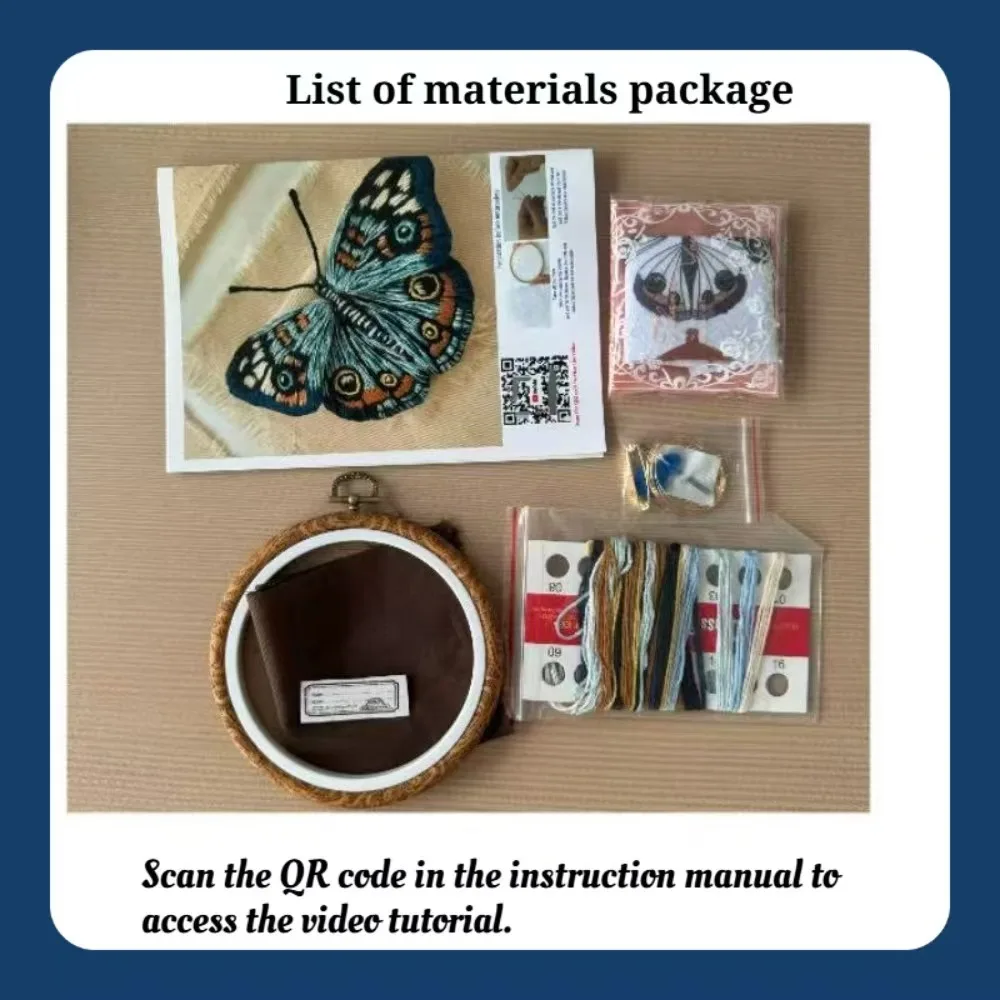 A Delicate and Niche Deep Blue Three-Dimensional Butterfly DIY Embroidery Kit. The Kit Comes With a Video Tutorial and an Englis