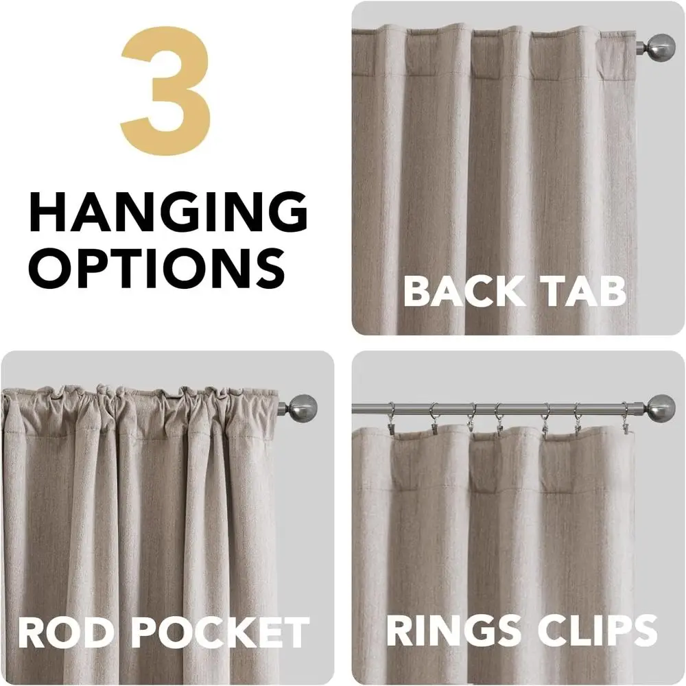 グレーのコーティングが施された完全遮光カーテン84枚、100％遮光、断熱、リビングルーム用2枚セット、ナチュラル