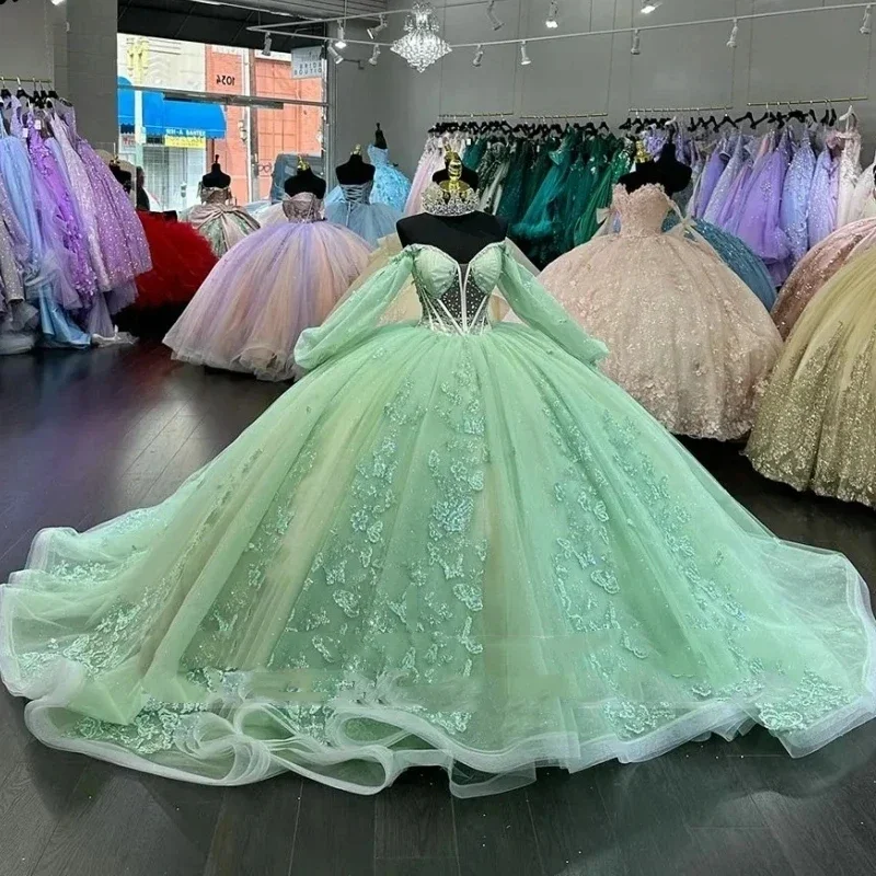 

Glittering Sage Green Sweetheart Quinceanera Dress Off-Shoulder Long Sleeves Lace Vestidos De 15 Anos Birthday Party Ball Gown