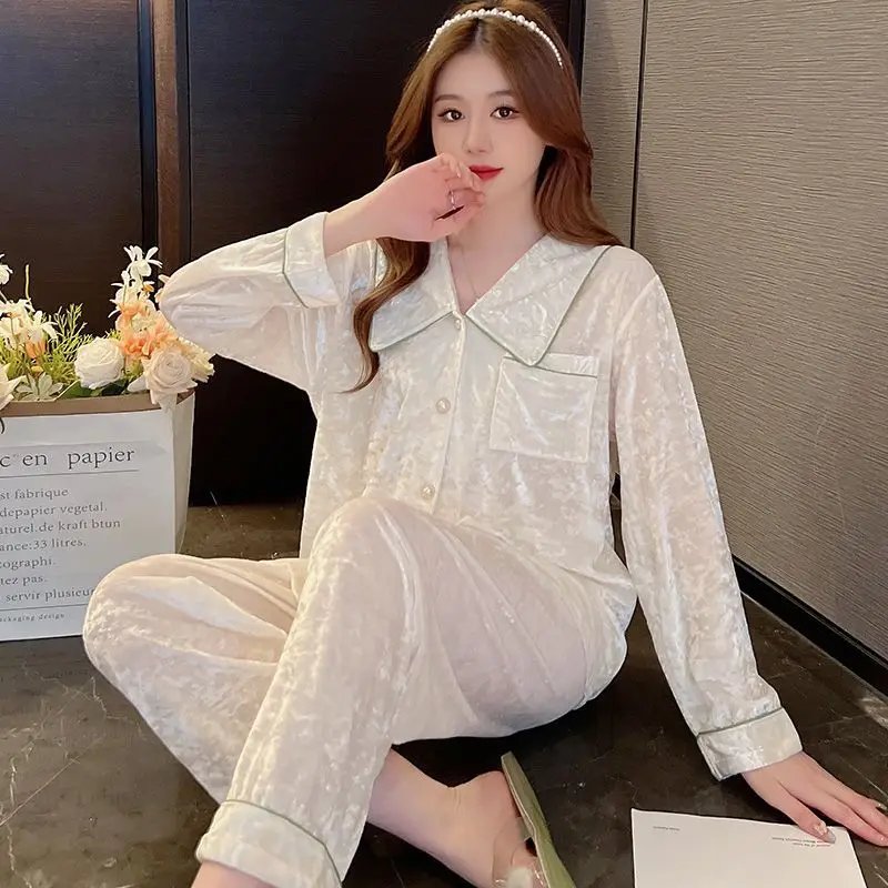 

Autumn and Winter Women's Pajamas Gold Diamond Velvet Cardigan Solid Color Gold Velvet Outable Home Clothing Set