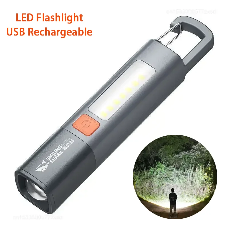 Mini Draagbare Led Zaklamp Usb Oplaadbaar Met Haak Zoombare Zaklamp Outdoor Camping Lange Afstand Noodlantaarn