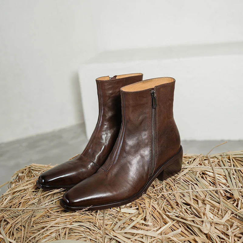 2027 New Fashion Genuine Leather Boots Women Zipper Chunky Mid Heels Handmade Retro Side Zipper Ankle Boots for Women Shoes