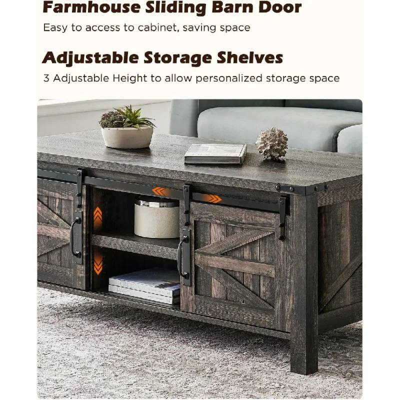 Lift Top Coffee Table with Sliding Barn Door,Rustic Center Table with Hidden Storage Compartment,Lifting Tabletop and Adjustab