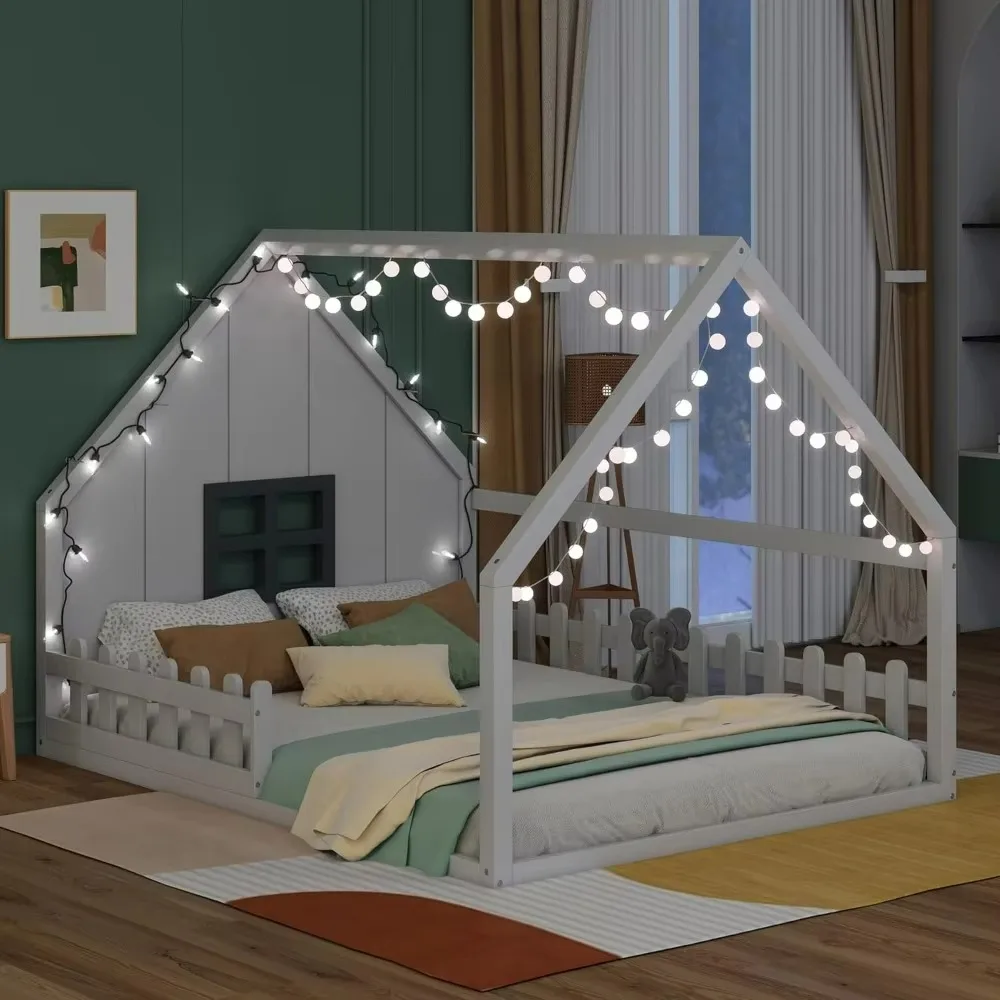 Full Size House Bed for Kids, Wood Montessori Floor Bed with Fence and Window, Full Floor Bed with Rails, Children Beds