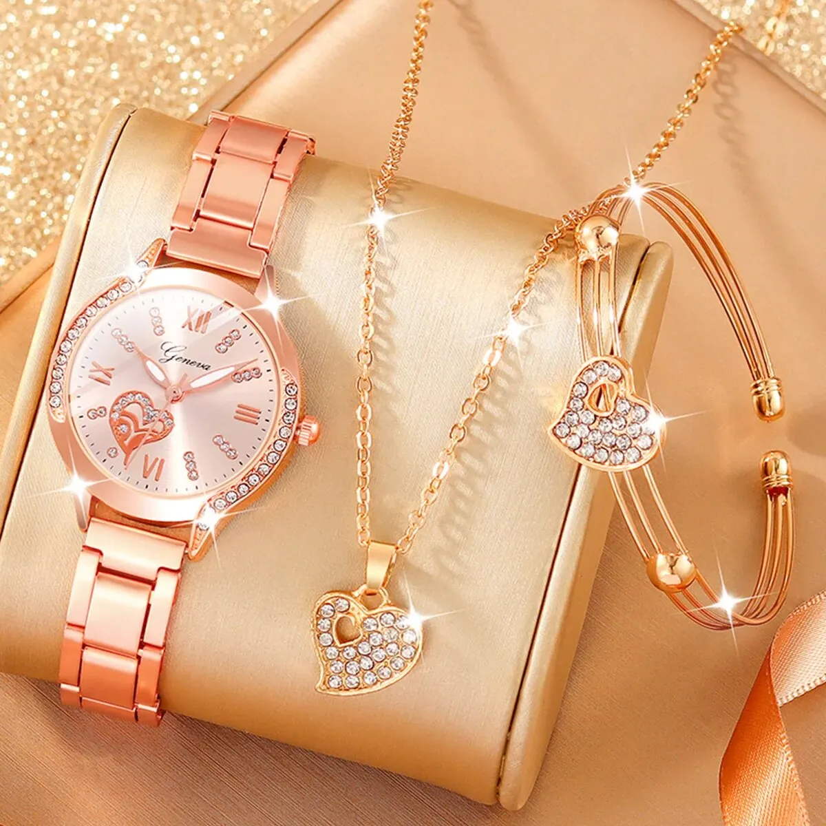 6Pcs Ladies Fashion Simple Designer Star Roman Rhinestone Steel Band Quartz Watch Luxury Pearl Rhinestone Love Jewelry Set