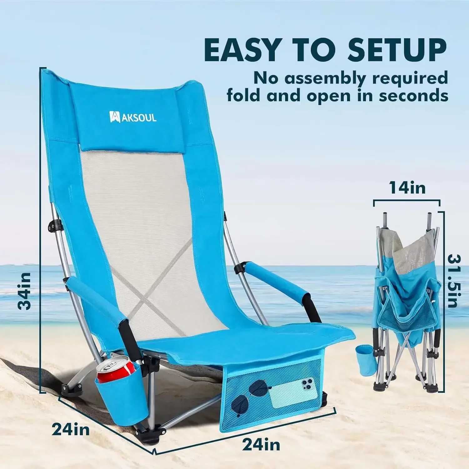 Folding Beach Chair for Adults: Low/High Back Chairs with Carry Bag - Extra Wide Seat Chair (1 Pack & 2 Pack, Blue)