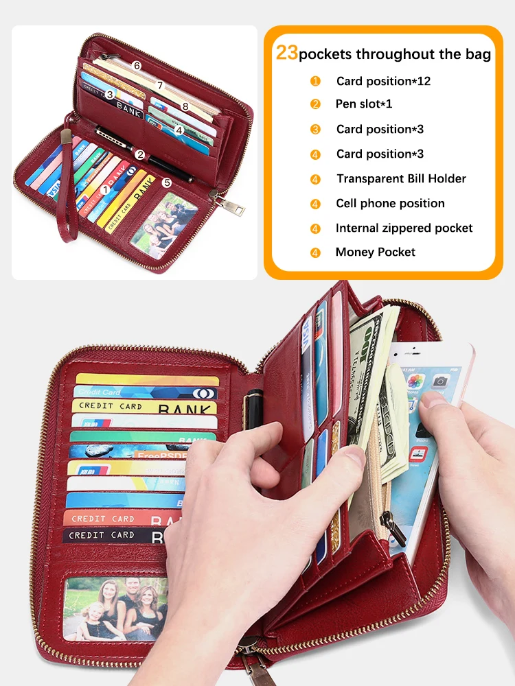 Zency Updated RFID Anti-theft Women\'s Wallets Genuine Leather Large Capacity Coin Purse Card Holders Long Wallet Bag Purple Red