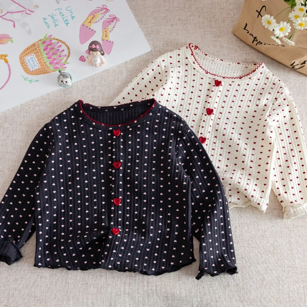 Autumn Korean Style Girls Long Sleeve Heart Print T-Shirt, Fashionable Basic Layering Top Baby Girls Spring Autumn Wear 2
