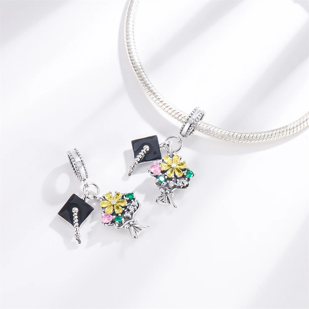 Pan Charms Original Mortarboard & Flower Bouquet Dangle Charm Bracelet Pendant Jewelry